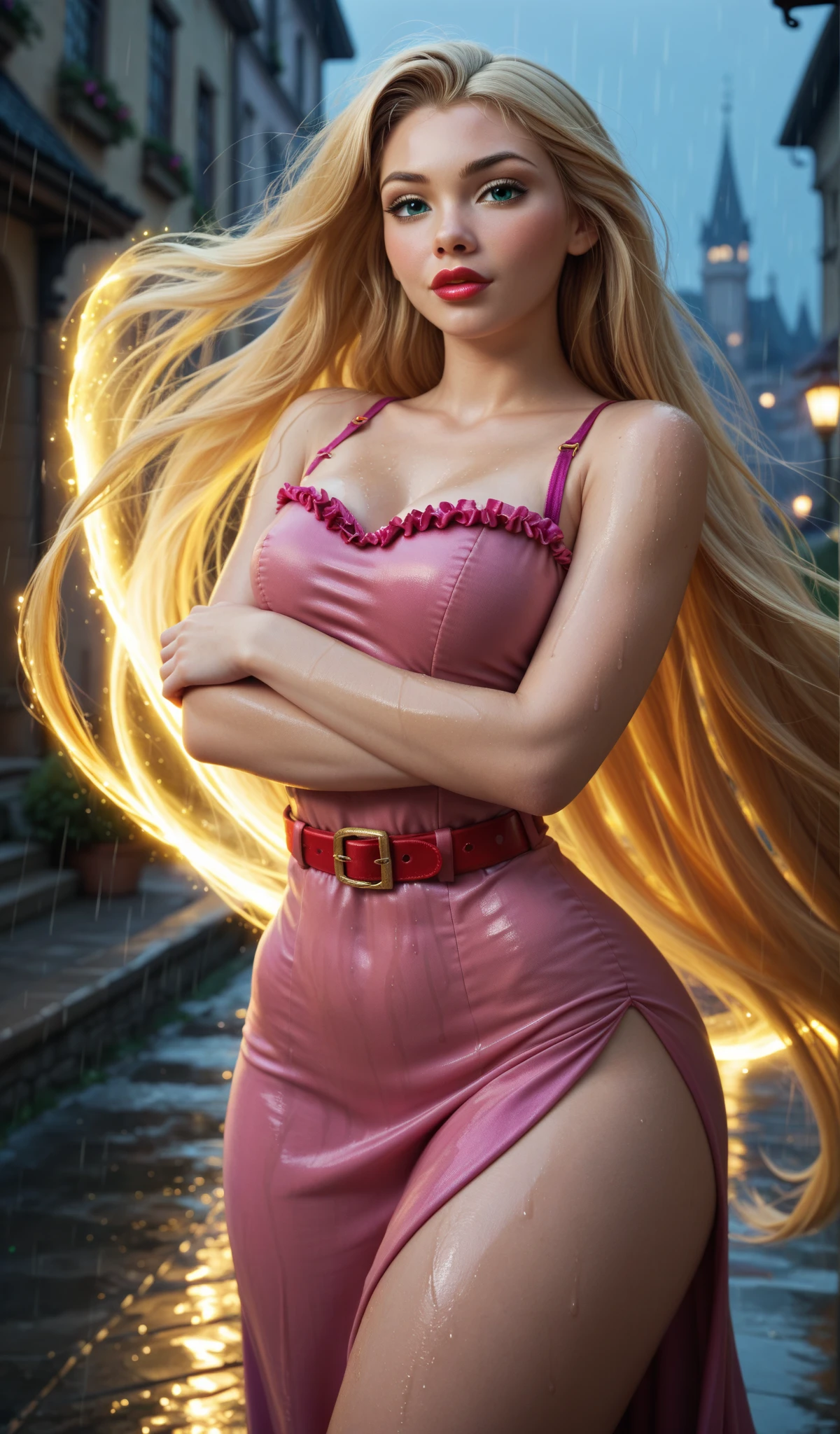 beautiful alluring (blonde barbie) power pose (on red carpet)! with (serious expression)!, confident, (blonde wavy hair) wearing (pink ball gown), (prom dress), busty, surrounded by (illuminating fireflies), colorful, idyllic, (ghibli style anime) --auto --s2