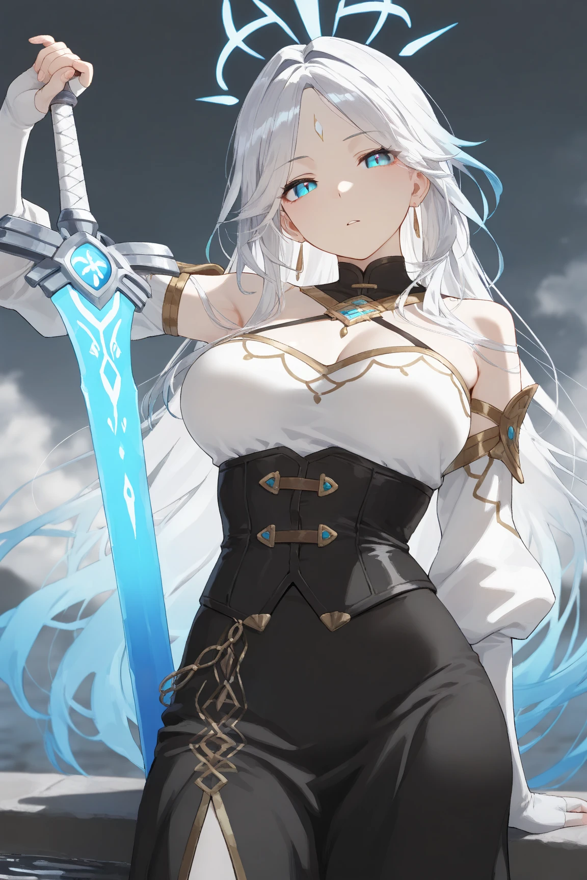 4K,High resolution,One Woman,White Hair,long hair,Blue Eyes,Valkyrie,Silver Sacred Armor,Full Armor,Sideboob,Silver Long Boots,Silver Gloves,Winged headgear,Jewelry decoration,Holy Sword,Temple in the Sky
