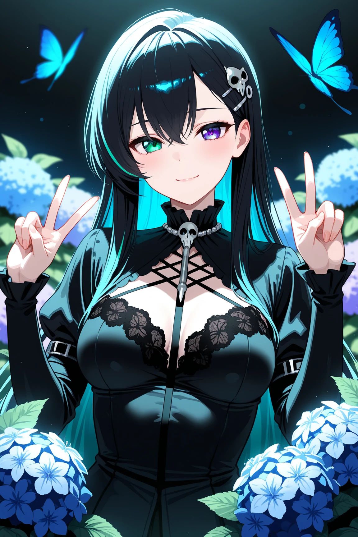 masterpiece, best quality, ultra high definition, high resolution, noise-free, (slender woman with firm medium-sized breasts:1.2), long straight glossy black hair with electric blue highlights and individual strand detail, center part with delicate side locks framing face, heterochromatic eyes (left emerald green, right cyan blue) with reflective highlights and detailed iris texture, smooth pale skin with subtle blush, ornate black gothic lace top with white skeletal rib cage pattern and silver filigree trims, layered frilled collar and puffed sleeve edges, slender arms positioned in dynamic frontal mid-shot pose, right hand raised in peace sign at shoulder height with perfect finger spacing, left hand relaxed at waist, (frontal mid-shot upper-body view:1.1), direct eye contact with confident gentle smile, delicate silver skull hair clip on left side, ethereal blue butterfly fluttering beside head, background of vibrant hydrangea and hibiscus blooms, painterly anime style with crisp line art and smooth gradient cel shading, high dynamic range, specular highlights on hair and skin, volumetric soft lighting, cinematic depth of field with slight floral bokeh, anti-aliasing, 8k resolution