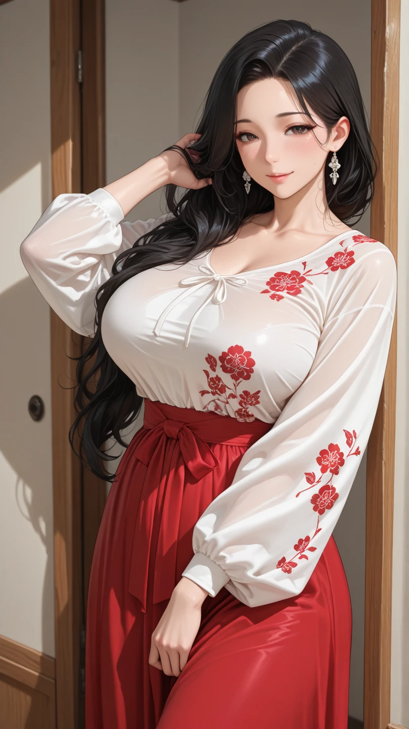 Masterpiece, Best quality, Photorealistic, Ultra-detailed, fine detail, high resolution, 8K wallpaper, detailed eyes, a leg shot of a beautiful Chinese woman. She has long black hair and a sizable chest. She wears her red shirt completely unbuttoned. She likes showing off her chest. She is sunbathing above a rock. The scene is bathed in bright sunlight, with the Chinese flag watermark subtly positioned at the upper left corner of the image, adding a touch of national pride