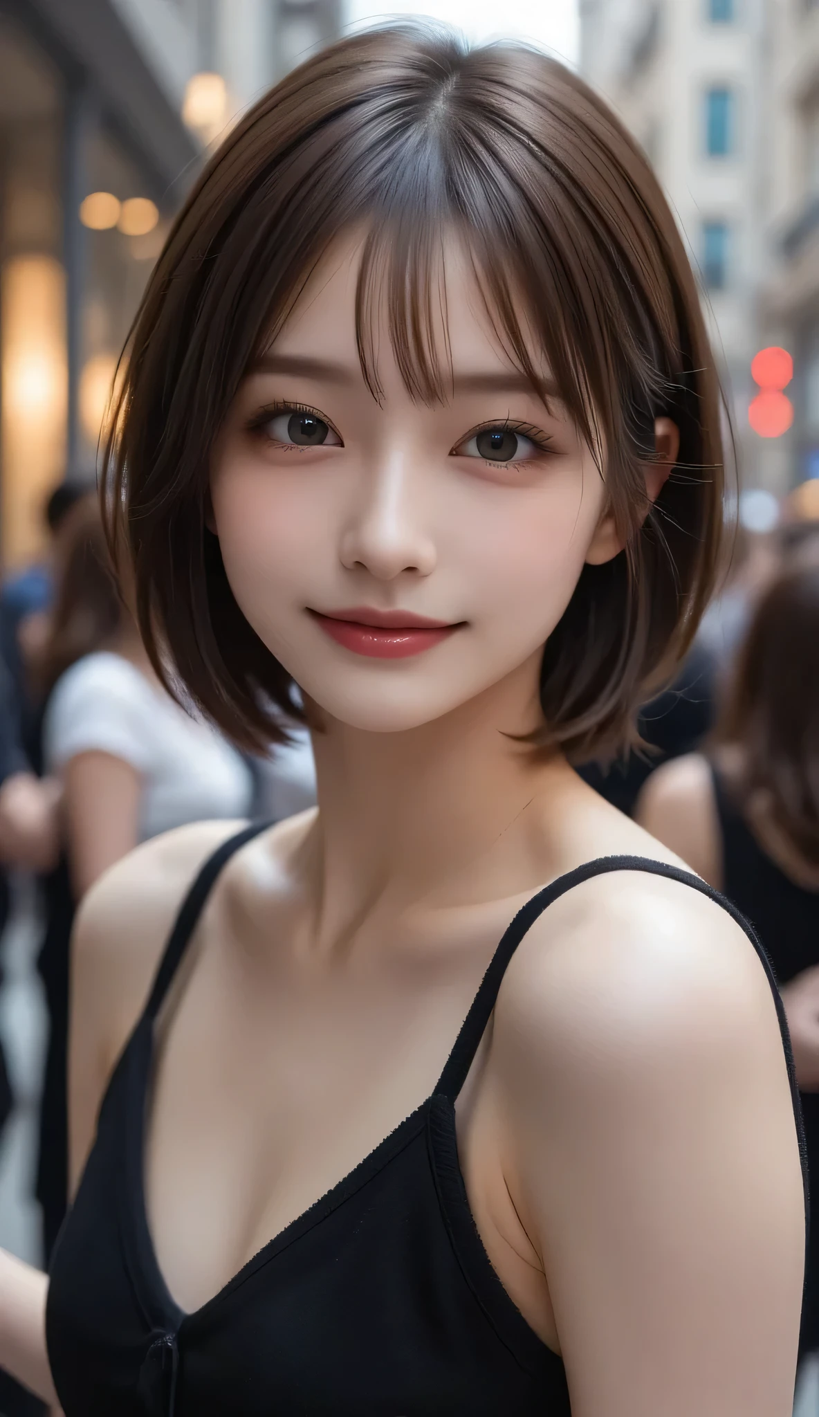 randome pose, mix4, (8K, Raw photography, top-quality, masterpiece: 1.45), (realisitic, Photorealsitic: 1.37), one girls, cute little, A smile、Cityscape, natta, profetional lighting, photon maping, Radio City, physically-based renderingt, Gradient black hair, white hair, short curly hair, a handsome, girl with, tiny chest,Dress-off shoulder, top quality photo, hight resolution, 1080p, (clearface), (Detailed face description), (Detailed hand description), (masterpiece), realisticlying, extreme light and shadows, dishevled hair, masterpiece, lush detail, (Fine facial features), (Highest Quality Photos), (masterpiece), (finely eye), dual、Look in front of you, Fine clavicle,Emphasis on the armpits、Show lower milk