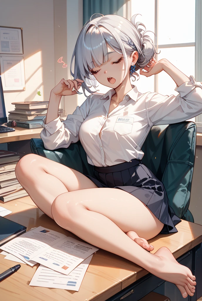 rezeroEmilia, Emilia, Braiding, crown Braiding, Flower Hair Ornaments, Purple eyes,Long Hair,Hair Ribbon, happy smile, smile, Open your mouth,blush,Open your mouth,Kurobuchi glasses,ponytail,Sleeveless dress,skinny pants,Stiletto heels,There is a sandwich on a plate on the table,sitting cross-legged on a chair,whole bodyがイラストに入るように,Daytime,快晴
break indoors, office,
break looking at viewer, whole body,
break (masterpiece:1.2), highest quality, High resolution, unity 8k wallpaper, (shape:0.8), (Beautiful and beautiful eyes:1.6), Highly detailed face, Perfect lighting, Extremely detailed CG, (Perfect hands, Perfect Anatomy),