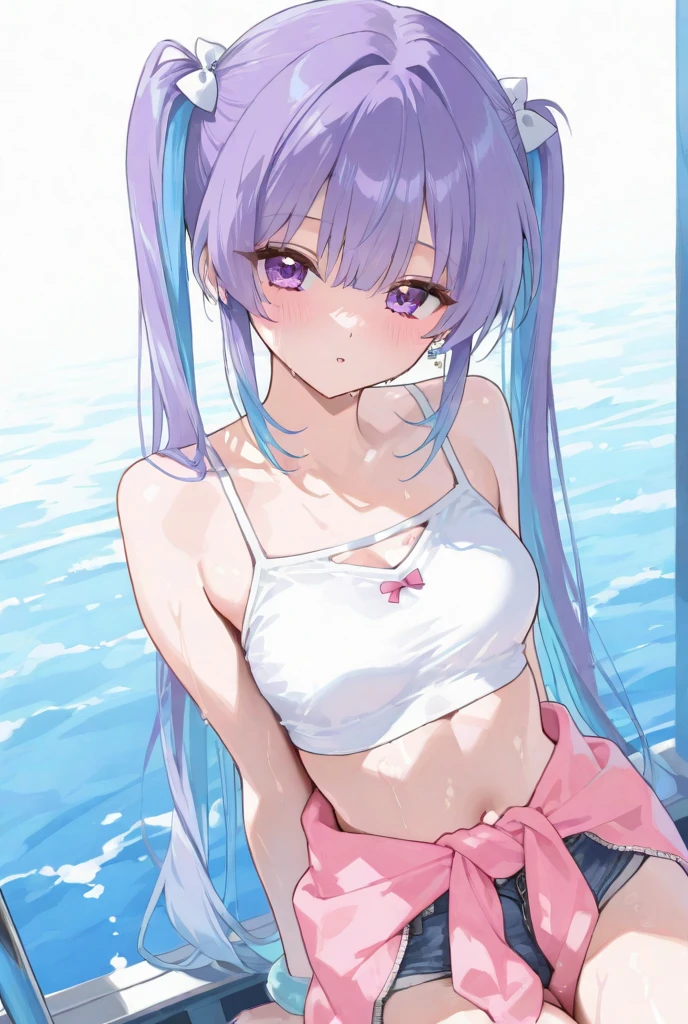 Small breasts、Random Swimsuit、Ocean、Light purple hair、Semi-long hair、Pale purple eyes、Wet、、Looks like she&#39;s about to cum、Glamorous expression、Blushing、Random Swimsuit、Patterned swimsuit、Undressing、、Ocean、Sandy Beach、M-shaped legs、Random pose,、Light purple hair、Semi-long hair、Pale purple eyes、night、、、Blushing、Perfect hands、Detailed hands、	masterpiece, best quality, 1 girl, 独奏, large breasts, purple eyes, bangs, black hair, braids hair, pool, in the pool, (wet:1.1), water drops, one-piece swimsuit, (strap slip:1.3), nsfw, nipples

