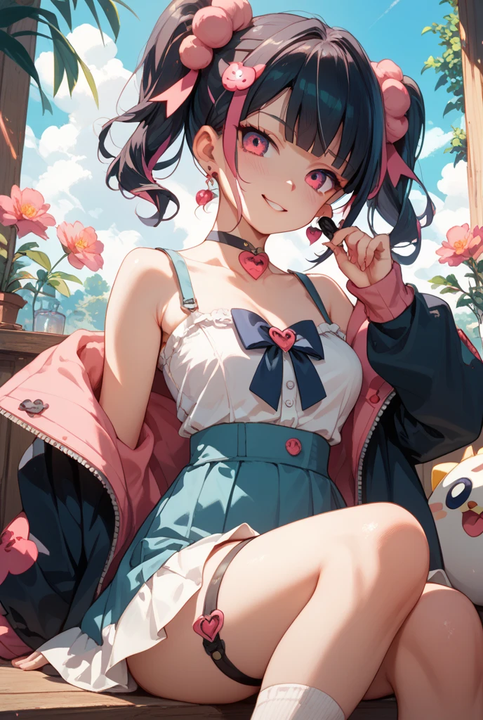 masterpiece, highest quality, High resolution, question 1, 1 girl, alone, hair ring, Pom Pom Hair Ornament,tight t-shirt,skirt, short bob,bob hair,ribbon, blush,smile, wearing randoseru backpack,big breasts,young girl,My clothes are transparent 、、squat with legs apart、Cute patterned pants、blush、embarrassed look,clothes get wet,Mushy white love juice dripping with a large amount of love juice,Bra showing through the top of clothes,head band,Wear outerwear