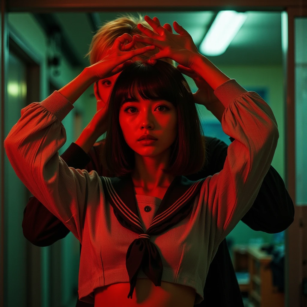 High Quality, realistic, very detailed, 4K, Beautiful Japanese High School Girls ,firm eyes, open your mouth, Big Breasts, Front teeth, medium hair, sailor suit, 手を頭にあてた, sailor suit, background：elderly male teacher holding a woman's hip and clasping her hands on her head, Night Staff Room , red and green lighting, bokeh, studio lighting, Hot Colors, Emotional, detailed hands