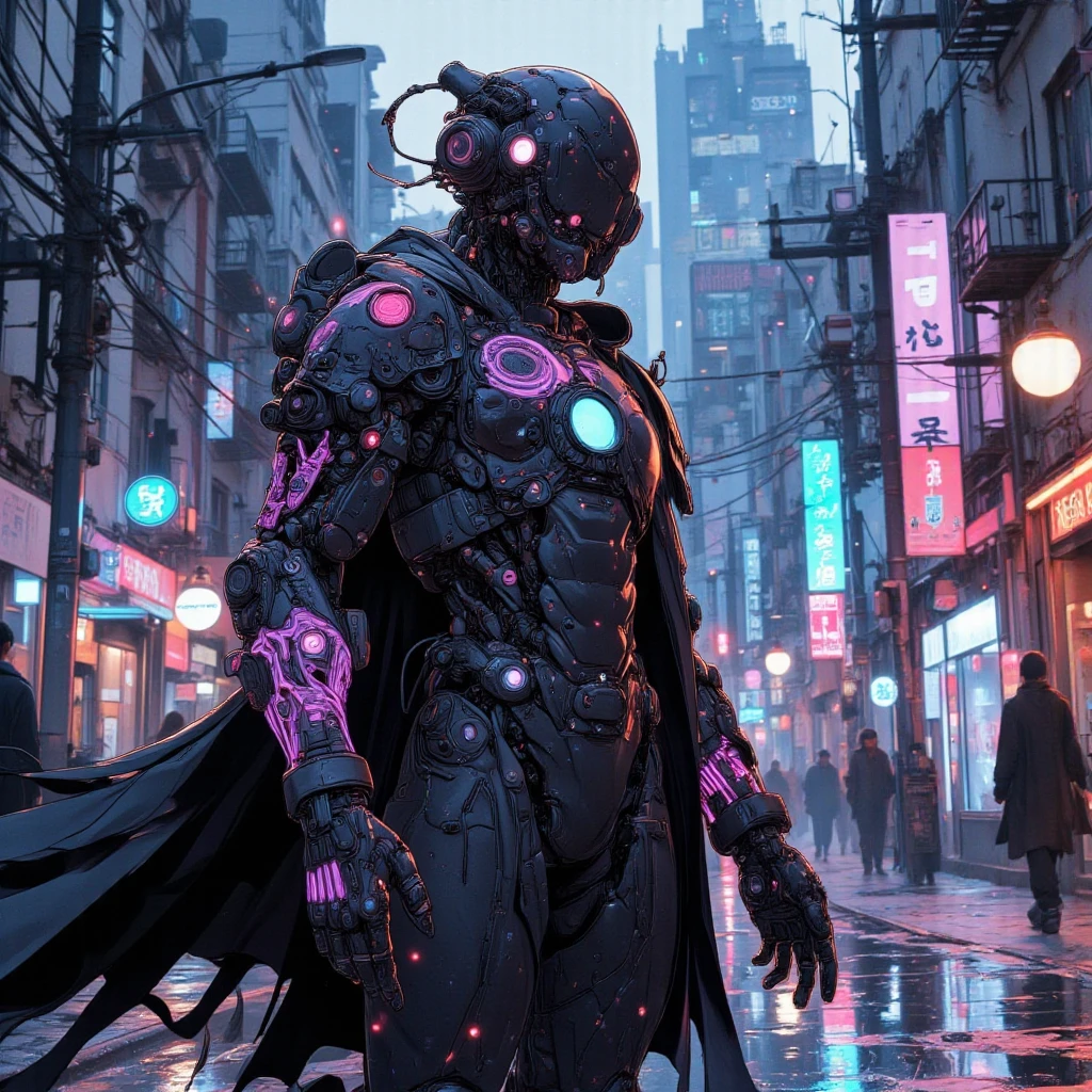 雰囲気teeth未来的in少しディストピア的in, Sophisticated, A futuristic black exoskeleton combining insect-inspired design with advanced armor elements, 装甲にteeth複雑な装飾が施されている, has a shiny surface, that reflects city lights and rain It adds dynamic texture to the ensemble and features a galactic pattern mixed with, technology and fantasy, is big, fuses the, をブレンドした銀河のようなパターンが特徴in、purple, pink, And white, と混ざり合った銀河のようなパターンが特徴in, theme with the towering buildings lining the street, 彼女のシルエットteeth長い, The fluttering black cloak, teeth, 風に揺れると神秘的in流動的な要素を加えます, 環境teeth大雨の降るに崩壊した街並み, impressive characters dominate the urban scene, purple, neon lights illuminate the scene, 背景にteeth歩行者が部分的に見えます, in, adds mysterious and fluid elements, 全体的な雰囲気teeth強烈in, 少し別世界のようinす, accentuates the city's vibrancy despite bad weather, detailed hands, anime, cyberpunk