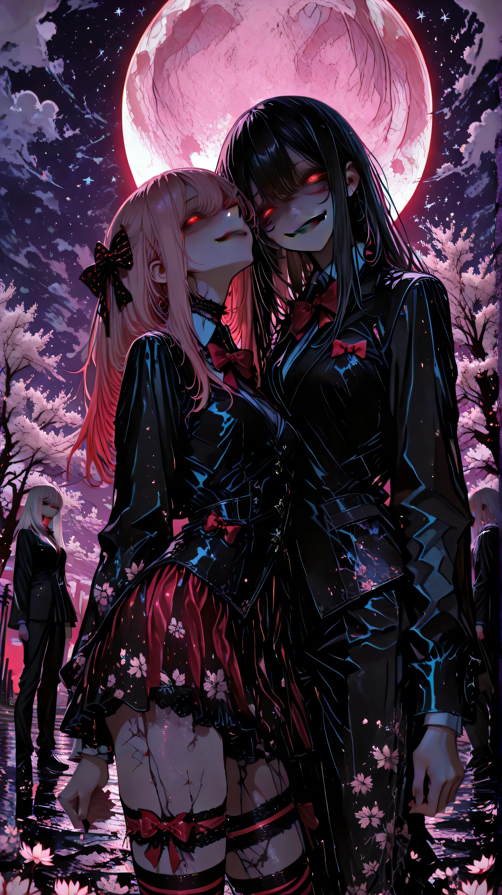 Masterpiece, Best Quality, Details, 1Girls, alone, at night sky, outdoor, full moon, stars, cloud, at night,, Dark cherry blossom, (Black suit), long hair, Evil Smile , Bow red , Stripes, Thigh
