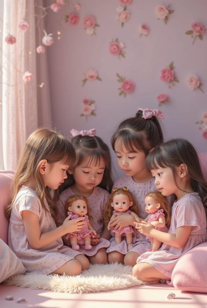 Happy girls fighting with pillows at pajama party。Many small feathers fluttering、Long-sleeved, long-skirted nightgown with frills and ribbons、On a huge, wide canopy bed、Soft pink bedsheets and comforter、Colorful soft pillows、Lots of frilly pillows and a frilly bed skirt、pastel colored bed、There are frilly curtains surrounding the bed.。detailed face。