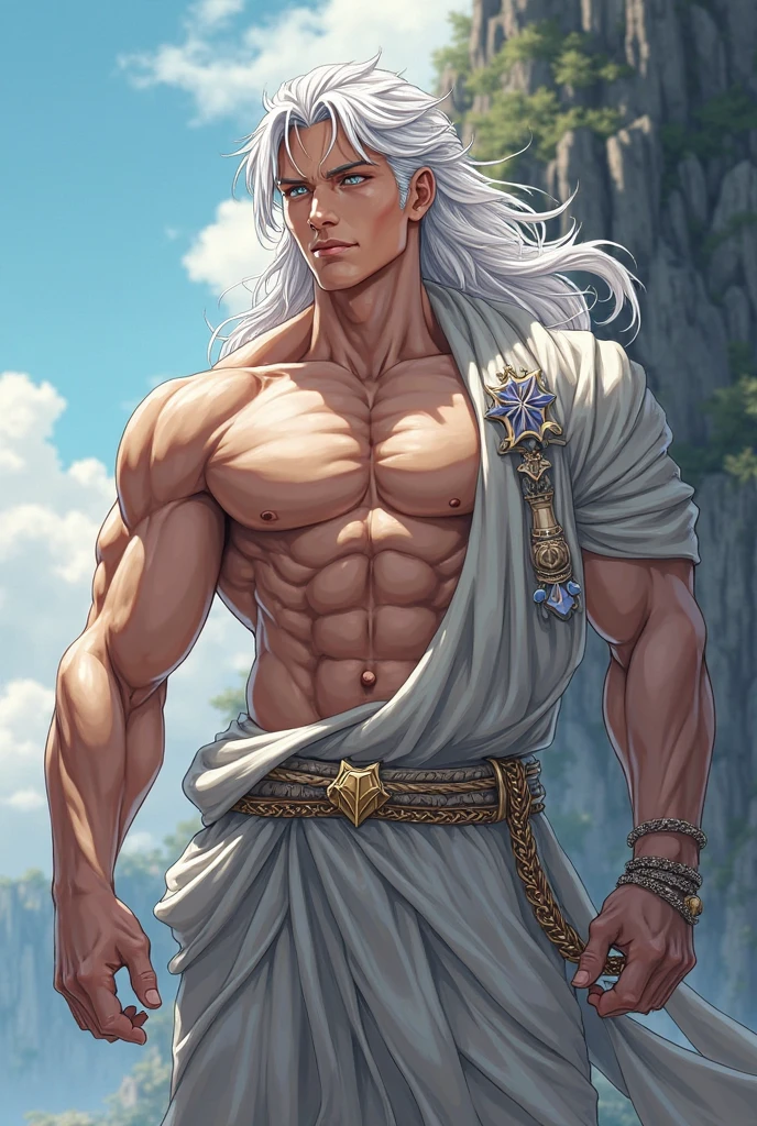 Shirtless young man with white cloth wrapped around his waist reminiscent of Greek statues、Young man's hair is gray with a long neckline.A young man shoots an arrow into the sky、The sky is dark、Black clouds swirl in the sky Arrows of light cut through
