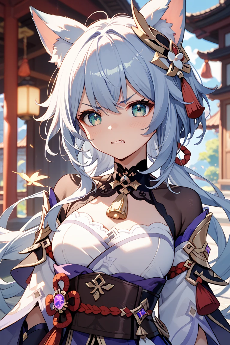 (masterpiece, best quality, perfect face, expressive eyes), 1girl, (anime), (adult), light purple hair, yellow eyes, fox ears, white hanfu, intricate details, small breasts,