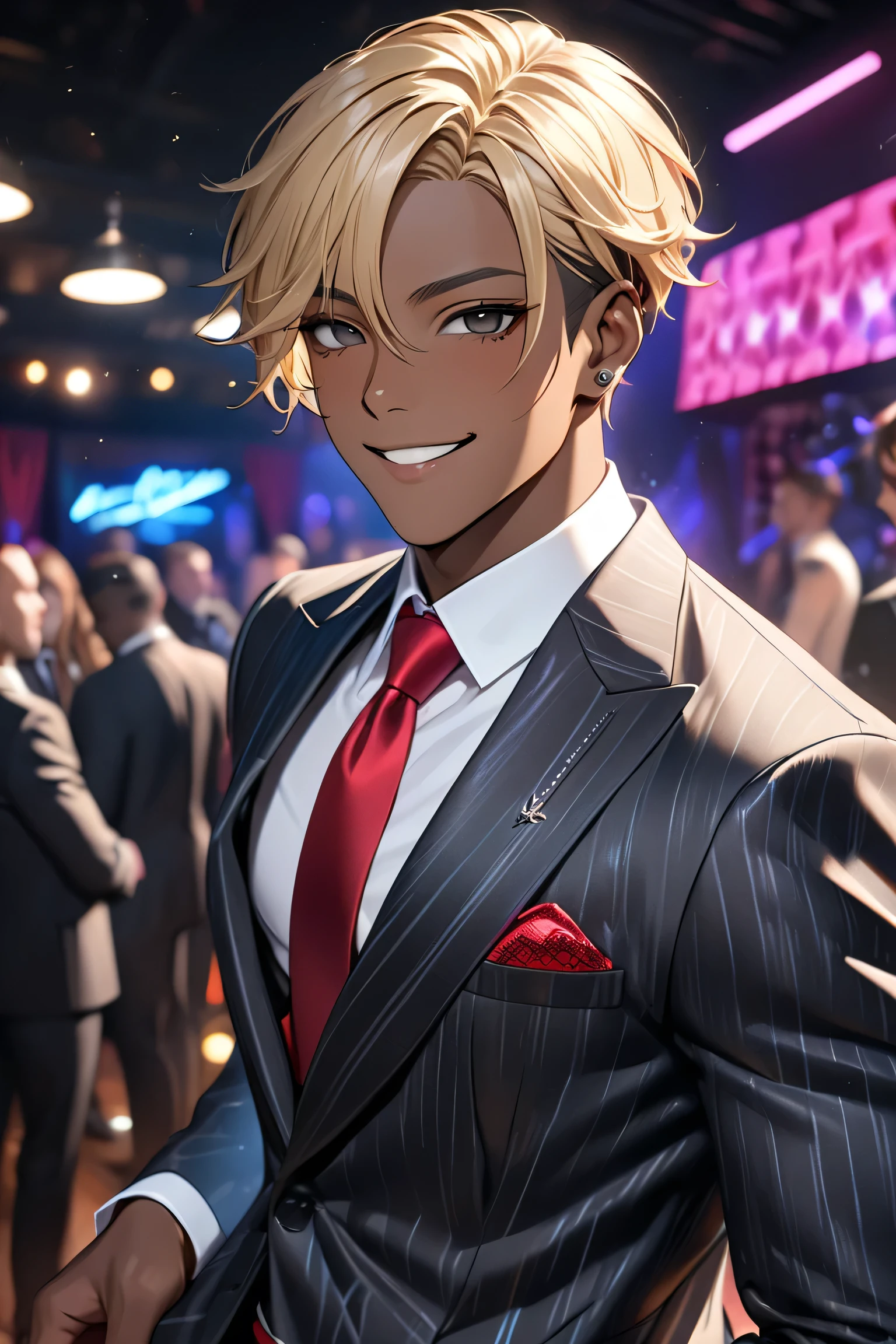 (solo idol japanese african black boxer boy), blond short Hair, Nightclub host, suits, detailed Black Eyes, (dark skin:1.5), best quality, 4k, 8k, highres, (masterpiece:1.2), ultra-detailed, (photo realistic), looking at viewer, (smile:07),
