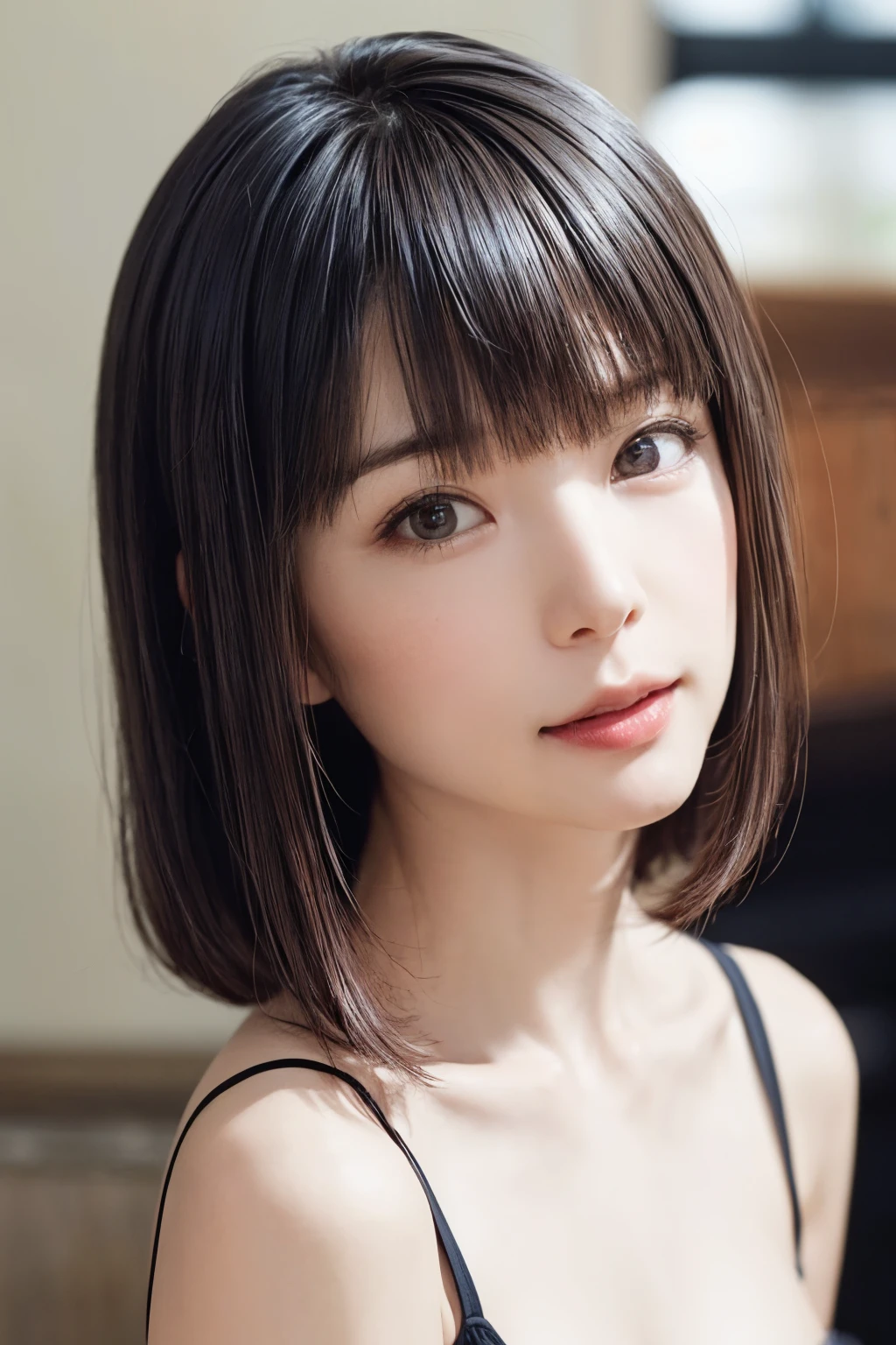 ((masterpiece, Highest quality, High resolution、Realisticですべてが美しく詳細に描かれている)), 1 person, (Realistic: 1.4), alone, White Background, snow-White Background, Mouth closed, smile, smile, Beautiful black hair, short hair, Big eyes, Transparent double eyelids, eyelash, Listen carefully, Long neck, 美しくLong neck, Absolute area, ((Face close-up)), (Draw the whole head, shoulder), 1, Attractive proportions, Glowing Skin, Beautiful clavicle, Golden ratio face, Perfect Face, Teardrop-shaped mole, chestのほくろ, bangs, clean bangs, beautiful bangs, Lip gloss, Thin lips, Fair skin, naked, Big Breasts, {Huge|big|Hugeな|Mega} chest:2, chestの谷間:2,chestの谷間を見せる、Small face, Small face, All the heads are painted, shoulder all drawn, Point slightly above the camera