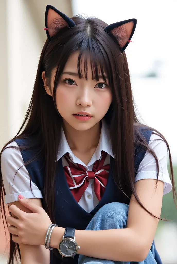 tokiwadai school uniform, school connection, looking at viewer,<lora:arknightsTexasThe_v10:0.8>, 1girl,
cleavage,
long hair,
realistic, solo,
(masterpiece),(photorealistic:1.3), nfsw, ultra-detailed, (high detailed skin:1.2),(best quality:1.0), (ultra highres:1.5), <lora:lora-hanfugirl-v1-5:0.5>,cat ears,seidouzan,