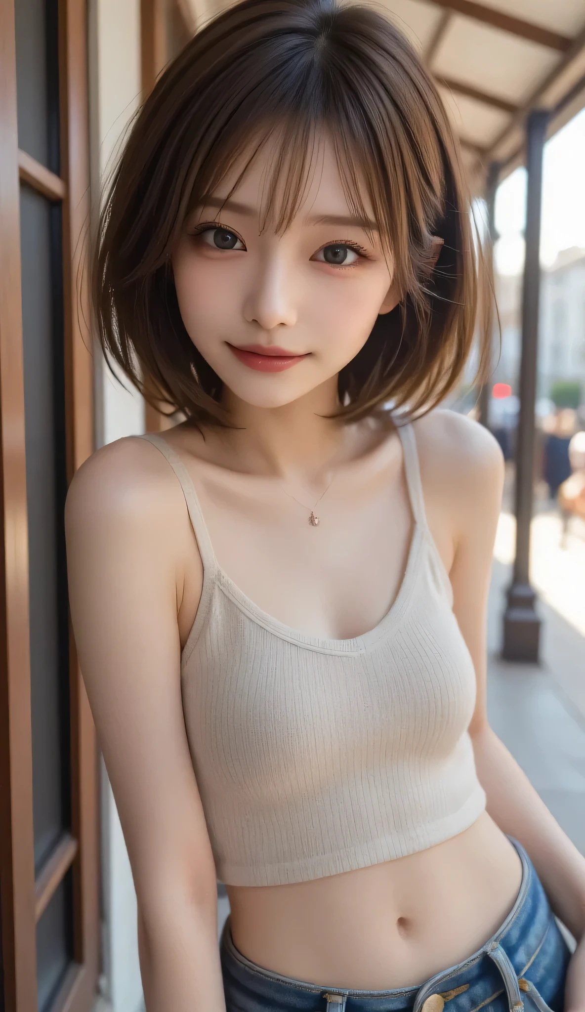 Masterpiece、Best Quality、Illustration、 Super detailed、Fine details、 High resolution、8K Denden Wallpaper、Perfect dynamic composition、24 year old beautiful girl、clear、Detailed beautiful face、Detailed beautiful eyes、Textured skin、A faint smile、wavy short hair、Small breasts、Bold sexy pose、White sleeveless knit dress、