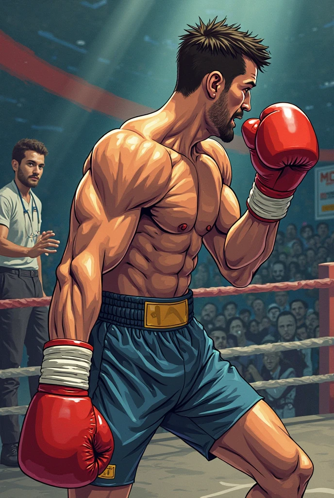 sexy mature daddy,stephen amell  ,dark blond hair, stubble,beard and sexy moustache ,muscular , best quality, masterpiece, ultra high resolution, Detailed background, realism, illustration, single,  muscles, Volumetric lighting, depth of field, beard, flow,wearing a boxing short , shirtless showing hard nipples , huge bulge, boxing gloves ,, martial artist, flow sweat, short dark blond hair, perfect eyes, barefoot,  Boxing pose in the ring 
