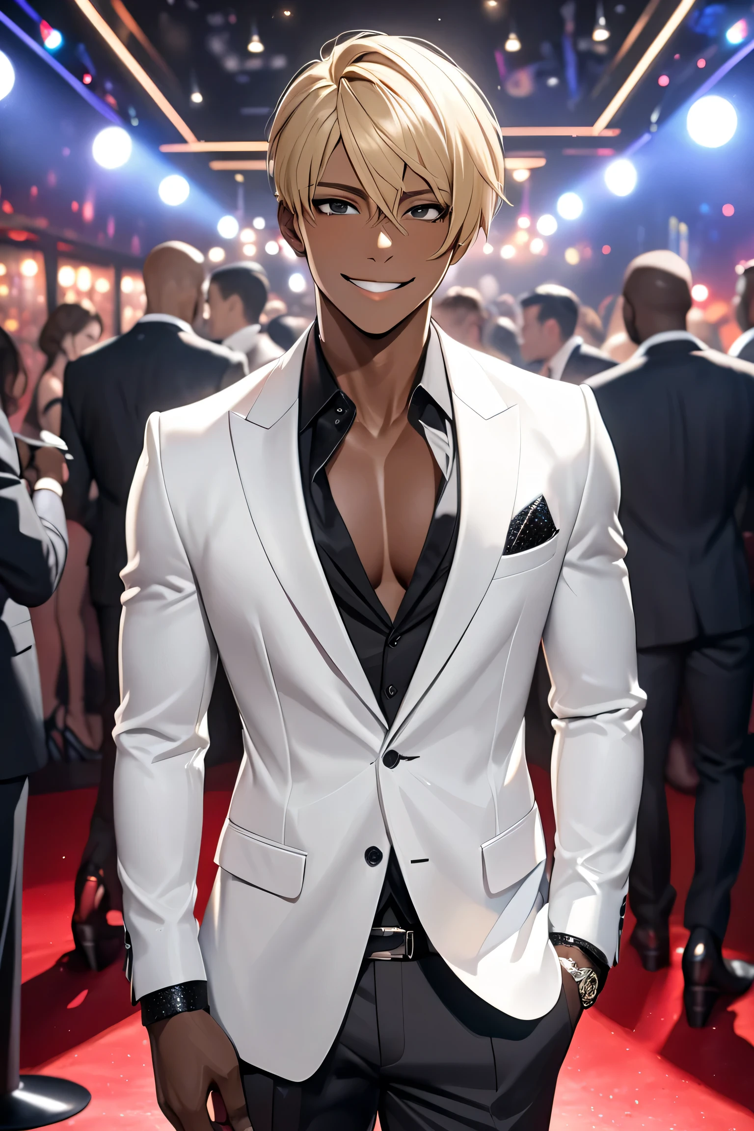 (solo idol japanese african black boxer boy), blond short Hair, Nightclub host, suits, detailed Black Eyes, (dark skin:1.5), best quality, 4k, 8k, highres, (masterpiece:1.2), ultra-detailed, (photo realistic), looking at viewer, (smile:05),