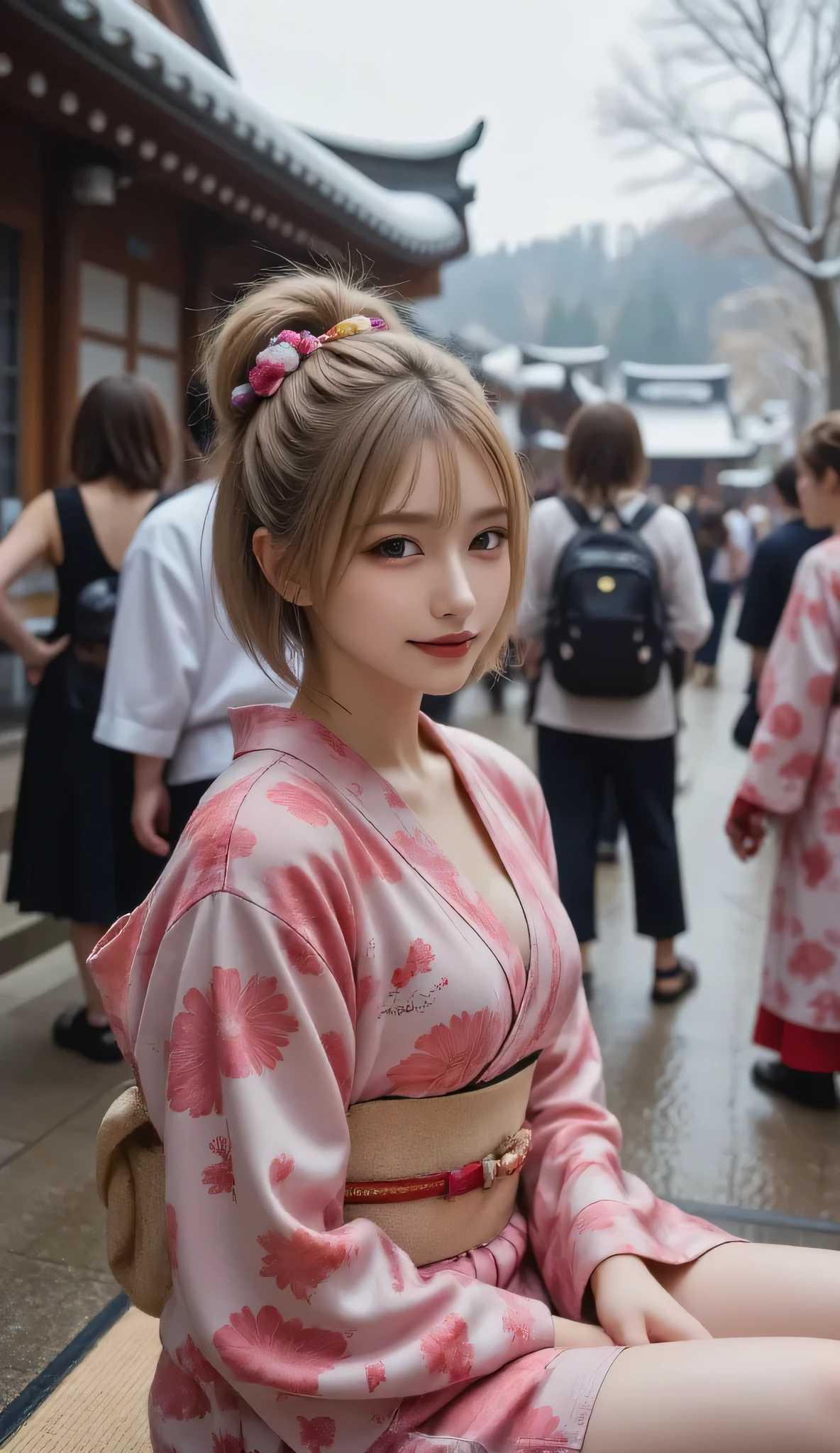 samurai girl, adorable, cleavage, red and black kimono, sakura tree, blonde hair, detailed face, model pose