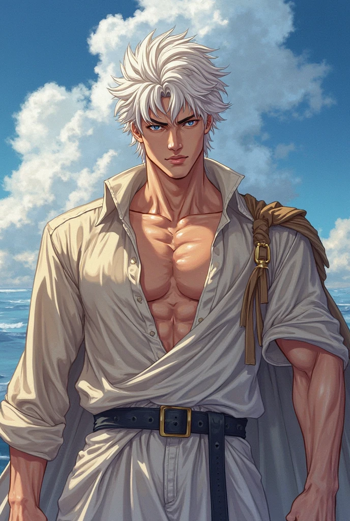 half body shot, (absurdres, highres, ultra detailed, best quality, masterpiece:1.5),
1boy, male focus, handsome, detailed face, sixpacks abs, attractive, topless male,
silver_hair, blue_eyes, shorts, prince, crown, pin, sunrise lighting,
ocean background, ship, blue sky, clouds, sparkling horizon, glittering debris,
add_detail , detailed eyes, handsome male,