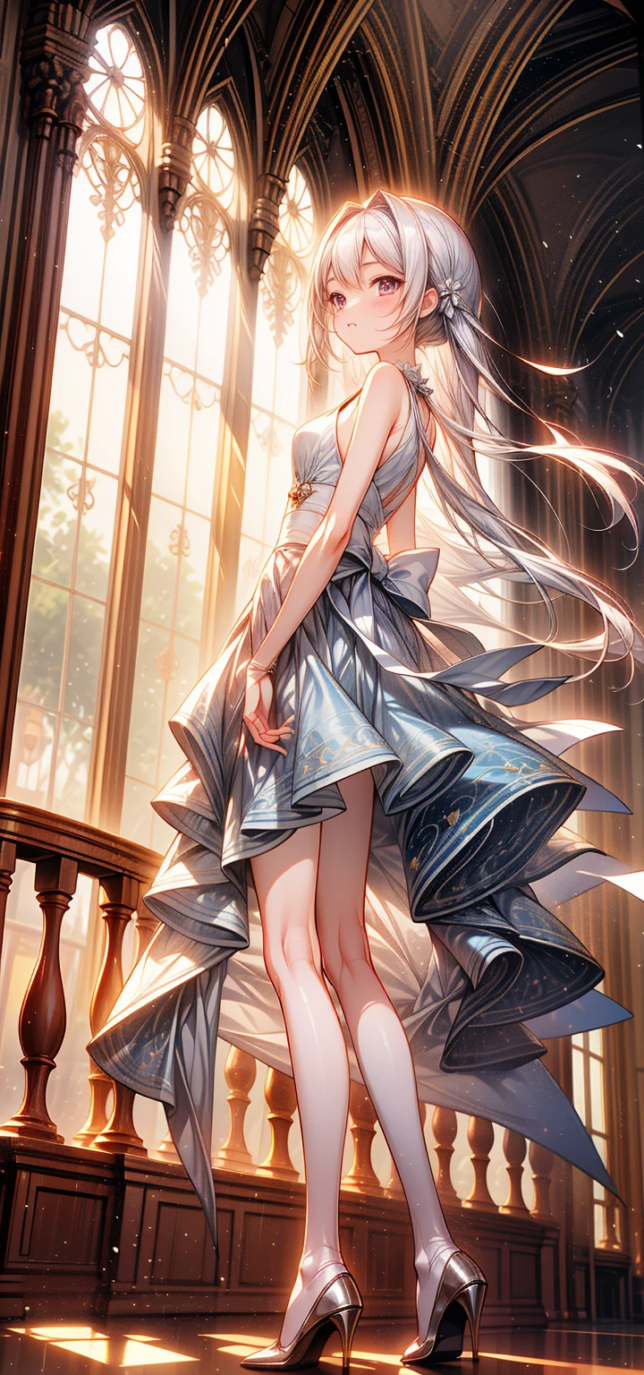1 girl with ，Age 18 years，standing on your feet，Wearing lolita，ssmile，Feminized facial features，Straight hair，A calm posture，Porcelain-like skin，Subtle blush，a white wall，Characters shrink，fully body photo，Wear high heels（（（tmasterpiece），（Very detailed CG unity 8K wallpaper），best qualtiy，，solo，1girll，cinmatic lighting，detailed back ground，，ultra - detailed，tmasterpiece，）），ultra - detailed，offcial art，Unity 8k wallpaper，2.5D thick coating，The eye size is the same