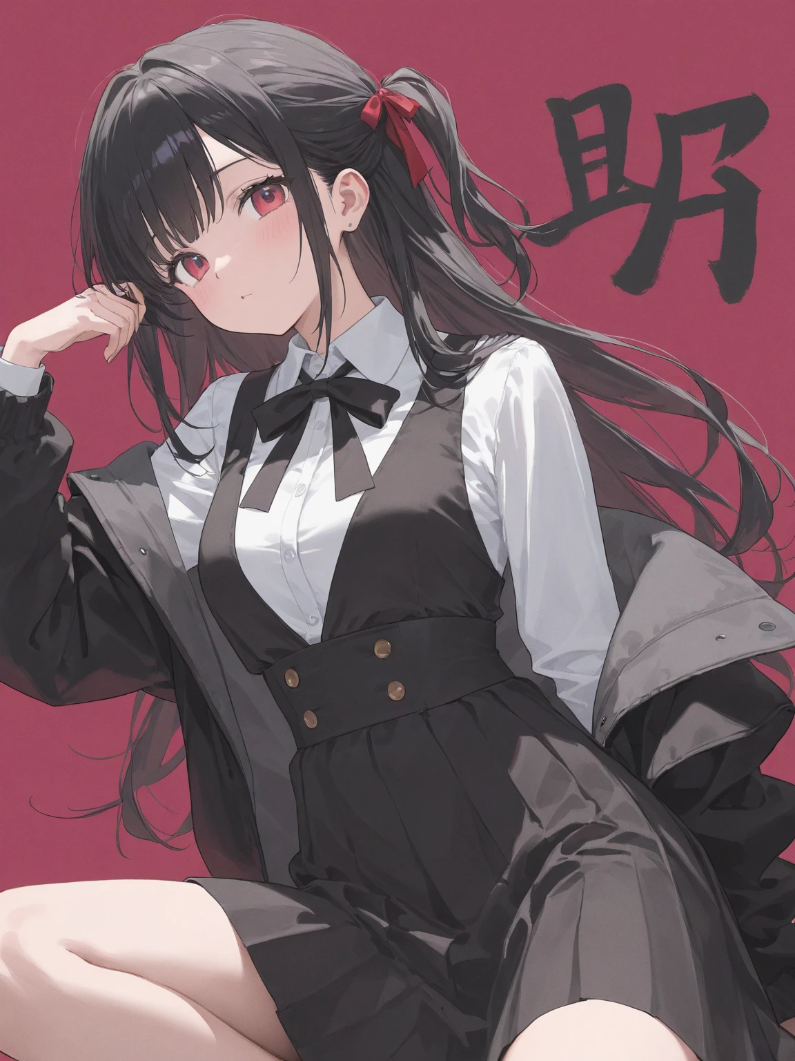 detailed,masterpiece,ultra-detailed,solo,(1girl),(Delicate eyes),(white background:1.3),very long hair, balck hair, jacket, red_jacket, red_eyes, bangs, ahegao, school_uniform, straight hair, blunt_bangs,