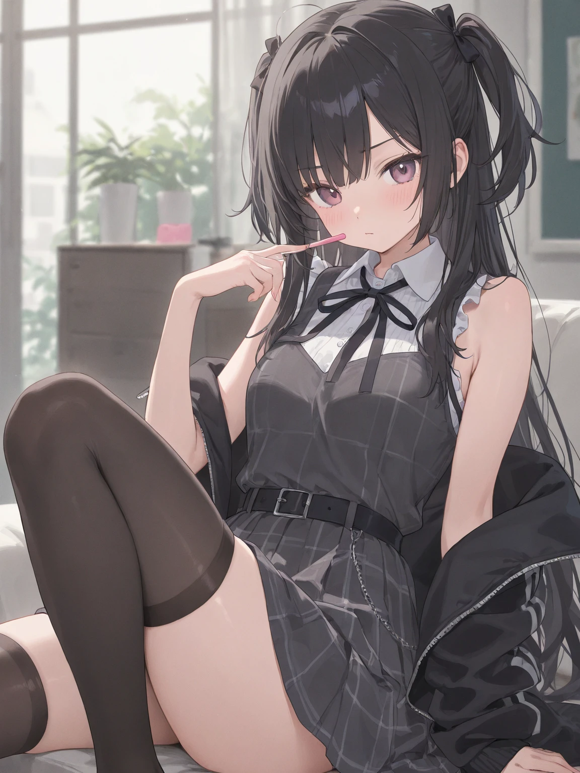 ((((Open your mouth))))、(masterpiece,Realistic depiction、highest quality,High resolution, Top-of-the-line specifications、Very detailed,bb Festival),skinny,Ahoge,Black Hair,((((( Captivating smile ))))),skinny,Hair between the eyes,bangs,Hair Dark Brown Skin、Ribbon,Black Choker,Earrings,Black Ribbon,pleats shirt,Grey Shirt,shoulder cutout,Short sleeve,See-through sleeves,Black Skirt,High Waist Skirt,(((( Perfect Fingers )))) , shoes,(black shoes:1.4),Race trim,shoes,Black footwear,indoor,(sexy bed:1.2),((Heart-shaped pupils:1.3, Blowjob Gestures:1.5))、Open your mouth ,Sitting, bed ,Heavy breathing ,Hand in front of your mouth,Hand in front of mouth, manga,text,magazine、(Black medical mask pull:1.5, Dark Room:1.5, Dim lighting:1.5)、Sharp Eye