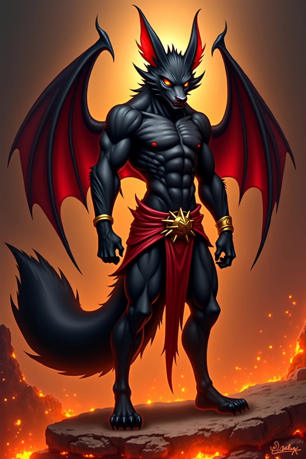 A 3d scary red and white wolf demon anthro human boy, with ancient words on its back with sharp claws, sharp teeth, tattoos, fantasy, punkstyle, with ear piercing, standing straight up, zoomed out, add some scars on its face, add spikes on along its back, showing its stomach, with a moon in the background, with tattoos on its arm, and skull on its shoulder, can you add some magical flames around it, Change its expression to fierce or mysterious, can you add some orange flames around it, add some scars on its body, add wings, with a dark background with stars and the blood moon, make the eyes look devil red, add a Wolf tail with red stripes and white fur on its back, poking its belly, add spikes to its arms, add demon horns to its head, add a Wolf Amulet around its neck glowing, 8k realistic