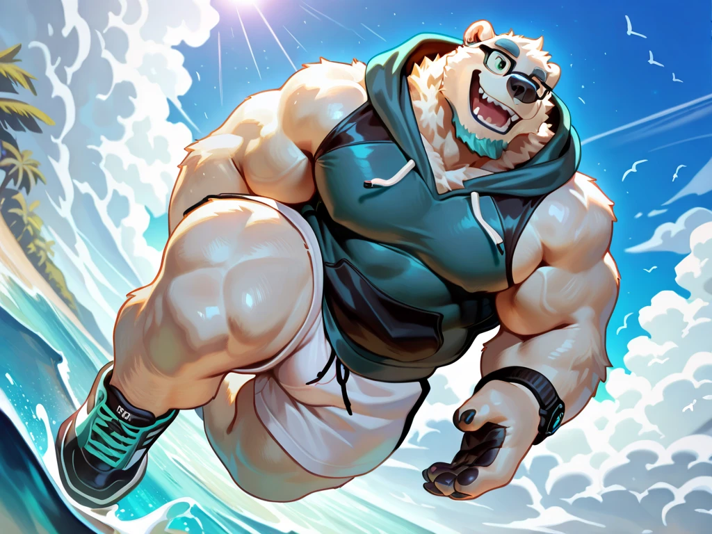 solo, 1boy, Huge Muscular White Polar Bear Dad wearing black sunglasses, huge white fur, pectoral, huge pectoral, wide pectoral, short white hair, blue-colored competitive briefs short black wristbands and shirtless topless, bearded, white Mustache, white fur, tooth necklace, professional surfer, surf board, background, masterpiece, high detailed, 8k, high resolution, at the ocean, surfing the waves, riding the surfboard, gliding on the surfboard, being totally radical, surf's up dudes