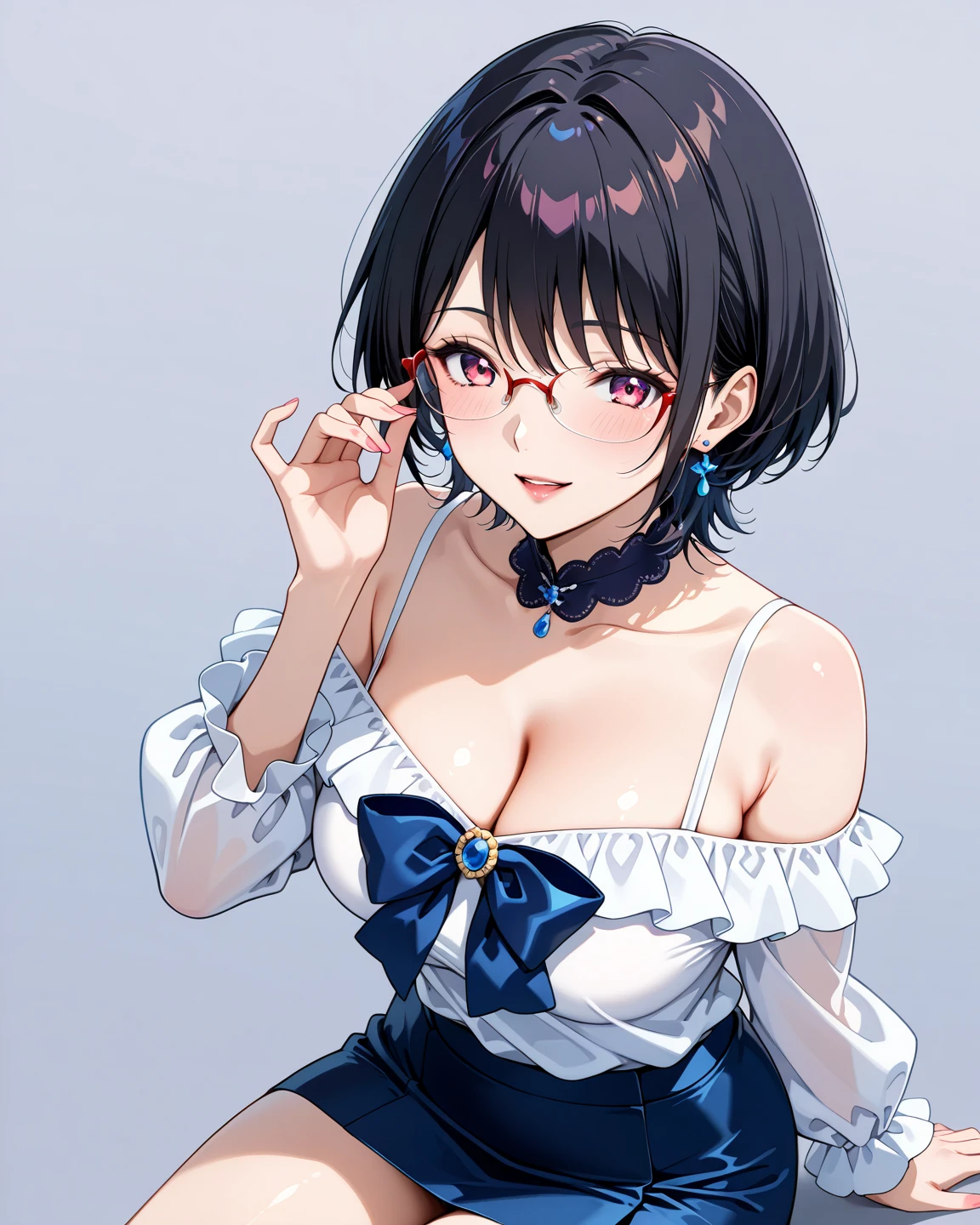 片手でglassesをずらす少女、1 girl、young girl、blue hair、short bob、Long bangs on the right side、Upper body、view from above、big breasts、show me your armpits、Armpit、stick out tongue、glasses、Clothes are sleeveless