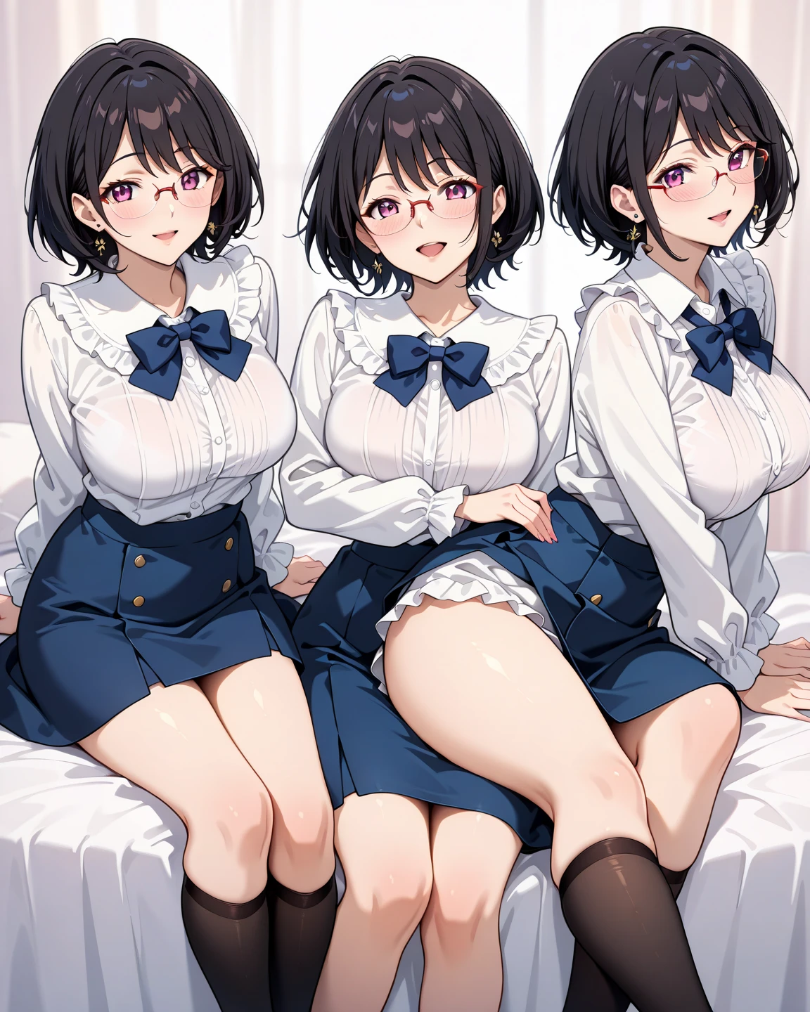Super detailed, best quality, High resolution, Moe anime, ((((Three cute s with black hair and big round glasses hug each other.)))), (baby face), ((Big eyes:1.5, drooping eyes:1.2)), dark blue eyes, cute eyes, detailed eye description, brilliance of eyes, view audience, pale skin, (((petite))), NSFW, focus on the face, ((bust shot)), ((sheer lace bra, Lower body is naked)), Nipples are showing through, From above, In the classroom, Navel exposed, Skirt-lift