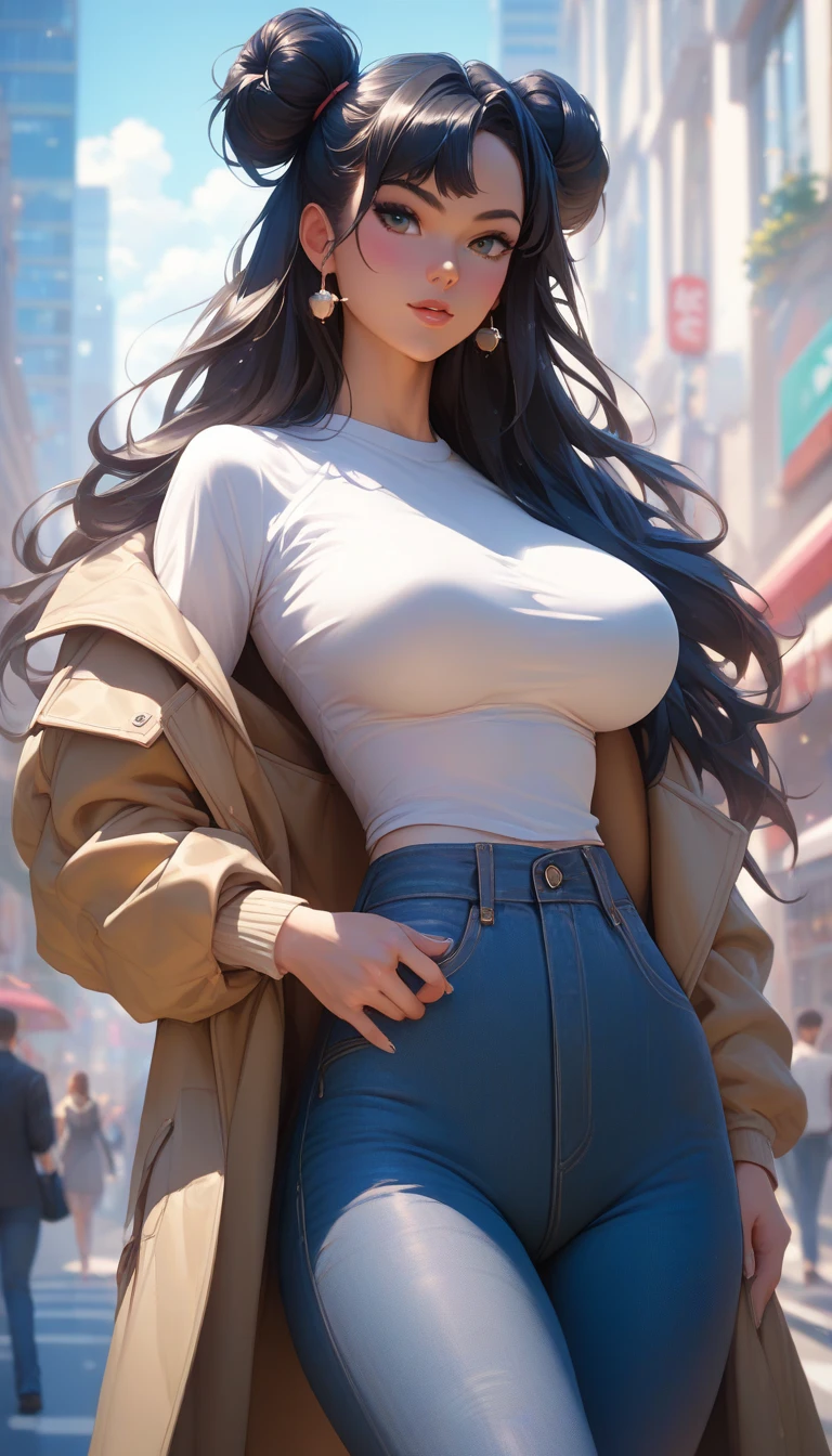 (best quality:1.5, highres, UHD, 4K, detailed lighting, shaders), black wavy hair, gradient hair, large breasts,woman shirt, long pants, big butt, big thighs, mature woman , (pov), white background, colorful eyeshadow, dramatic lighting, sparkling eyes,sensual smile, sensual expression, golden earrings, flowing hair, delicate facial features, soft skin, high cheekbones, urban setting, white background,