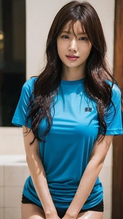 (8K, RAW photo, Best Quality, Masterpiece: 1.2),
(ultra high res, photorealistic:1.40), glorious picture, person dry and lowest lux,
Natasha, natural big wavy long hairstyle, (wearing blue color t-shirt),
Babyfat, No makeup,
Natural detailed eyes:1.1,
Natural detailed lips,
in a hotel,
Seductive smile facing the camera,
Highly detailed face and skin texture,
Vivid colors,
Sharp focus,