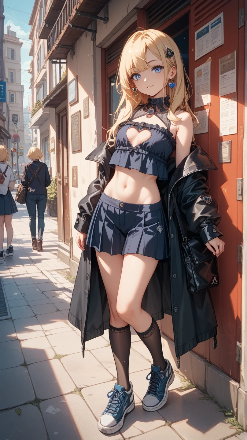 (tmasterpiece:1.2, Best quality at best), 1个Giant Breast Girl, pervert smirk, Slim, Elongated, eBlue eyes, sharp vision, (small_):1.3, Leaning forward, facing to audience, a skirt, Lace-up sandals, Oversized sunglasses,  hoop earings, Shell necklace, nipslip, down jacket, Embarrassing, (short blonde wavy hair):1.4, ^ ^, naturey, Yoga studio, Peaceful space,