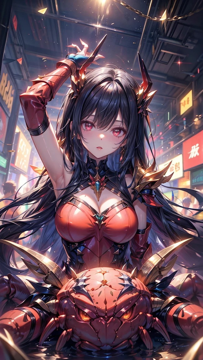 Exquisite eyes),(Clear and beautiful eyes:1.61),masterpiece, ung girl,(Black clothes and some red gems), Black long hair, (She has a huge red gem on her chest), Good Hand,((The Havoc of StarCraft)),full-body shot,Fighting Stance,(Red Eyes:1.466)，short and small,(Very big breasts:1.35),(Pretty Face),(full-body shot:1.33),Beautiful hands