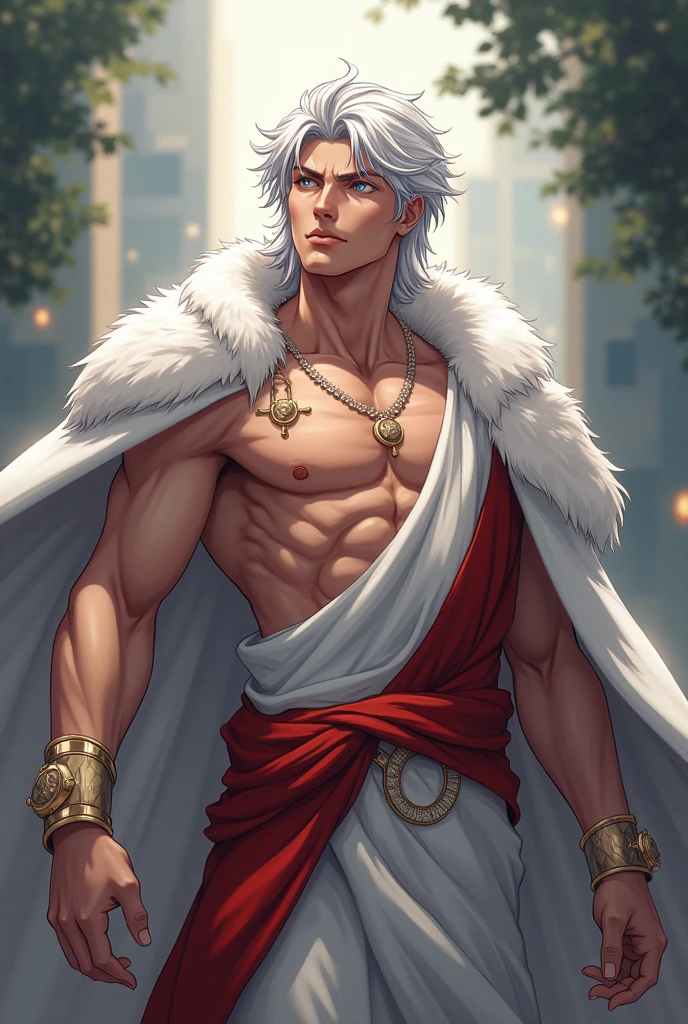 Male Titan, dark skinned muscular body, hairy chest, white hair, green eyes, Greek cloak clothing, naked, visible member, amazing lighting, greek temple.