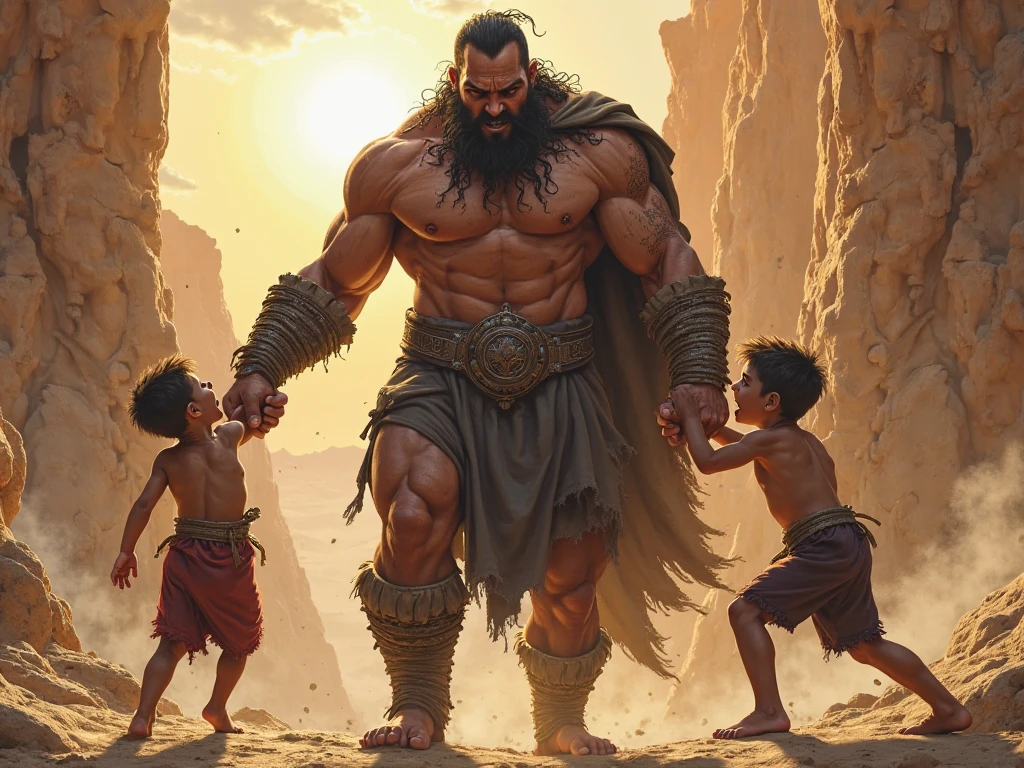 An alien with a body similar to a man with long black hair and indigenous marks on the body wearing slave clothes is pushing with other aliens a wheel with a pillar on top while a muscular white human man with a leather whip in his hand hits the aliens on the back to speed up.