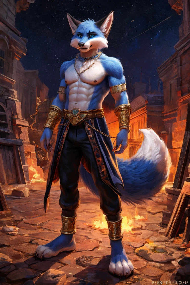 Anthro, white fluffy cat, full body, male, adult, hand paws, long fluffy tail, light robe, long dancing skitt, flip flop, fancy dancer clothing, crop top, ornate clothing, blue circular eyewear, abdomen on display, serious look, warm happy expression, hairy body, 8K, dynamic lighting, ultra detailed, masterpiece, street of a medieval town, stormy weather outside