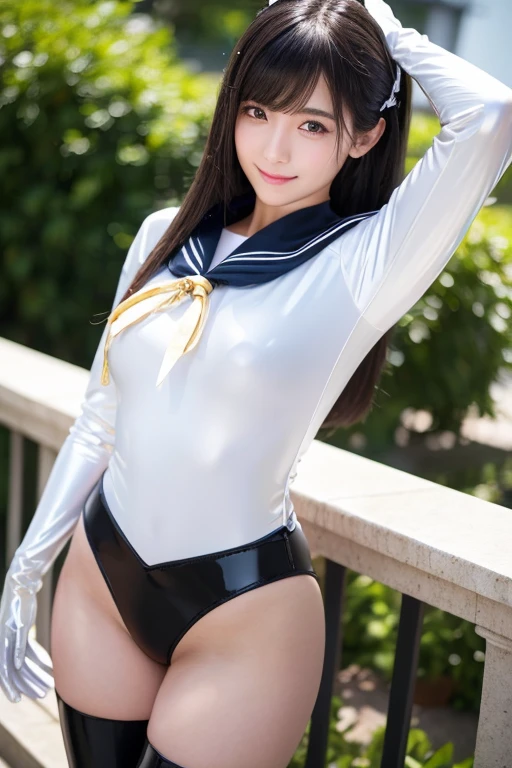 ((Realistic:1.3)), Absurd, (highest quality), (masterpiece),(Very detailed:1.2), (High resolution), Half body 1 person, alone, Same 1, tiara, Sailor Warrior Uniforms, White gloves, Red Sailor Collar, Red Skirt, Dutch Angle, Angle from below, A gentle smile, Sit on a wooden bench, spread legs, Showing panties, white panties, cameltoe, Small Breasts, Wisteria flowers in full bloom