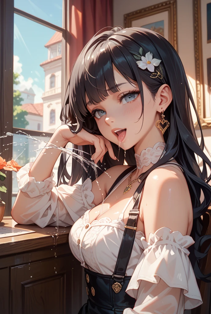(perky chest:1.2), (pointed chest:1.2),(((Black Tunic:1.3))),(((cakes and bread in the basket),Cute and beautiful girl,Cute round face,Cute smile,with blush cheeks,Red Lip,solo, looking at viewer, open mouth, have a cute grass of cute beergrass,black hair, dark green eyes, dress, bare shoulders, jewelry, collarbone, sidelocks, hairband, earrings, indoors, off shoulder, sweater, arms behind back, plant, short hair with long locks, gild hairband, off-shoulder dress, sweater dress, off-shoulder sweater, black sweater, dark gord hair, big side hair, very long side hair,is rendered in (masterpiece: 1.2, best quality), with (ultra high resolution) and an exquisite (depth of field),(Bangs are see-through bangs),hair pin,hair adornments,detailed clothes features,Detailed hair features,detailed facial features,(Dynamic angles),(Dynamic and sexy poses),Cinematic Light,(masutepiece,top-quality,Ultra-high resolution) ,(The 8k quality,Anatomically accurate facial structure,),(Sea Art 2 Mode:1.3),(Image Mode Ultra HD) ,(Hold a coffee in your hand:1.3),delicate beautiful face, Bright blue eyes, cute eyes, sparkling eyes, Big eyes, (perky chest:1.1), (pointed chest:1.3), looking at viewer, 