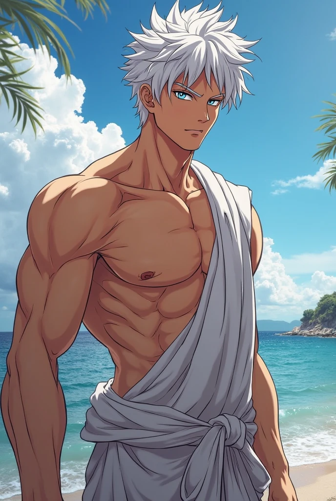 A white-haired boy stood on a rock，, Large sharp wolf ears，Stretch out your arms on the beach,Shirtless，Abs，Swimsuit shutter stock,  relaxing on the beach, ，Muscular，Young age，Wolf ears，laughingly，brush cut，Neck with collar