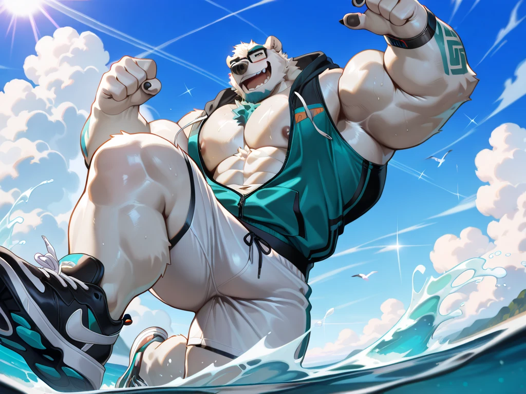 a huge muscular furry polar bear old man swimming in sea, huge shoulder muscle , shirtless, muscle, strong man, huge muscle, huge white fur, short hair, bearded, white hair and beard, white fur, wrinkles skinned, wristbands, black short trunks, strong muscle, strong and intimidated, masterpiece, muscular, commission for high res, male, fantasy art, very very beautiful art, art painting , painting art