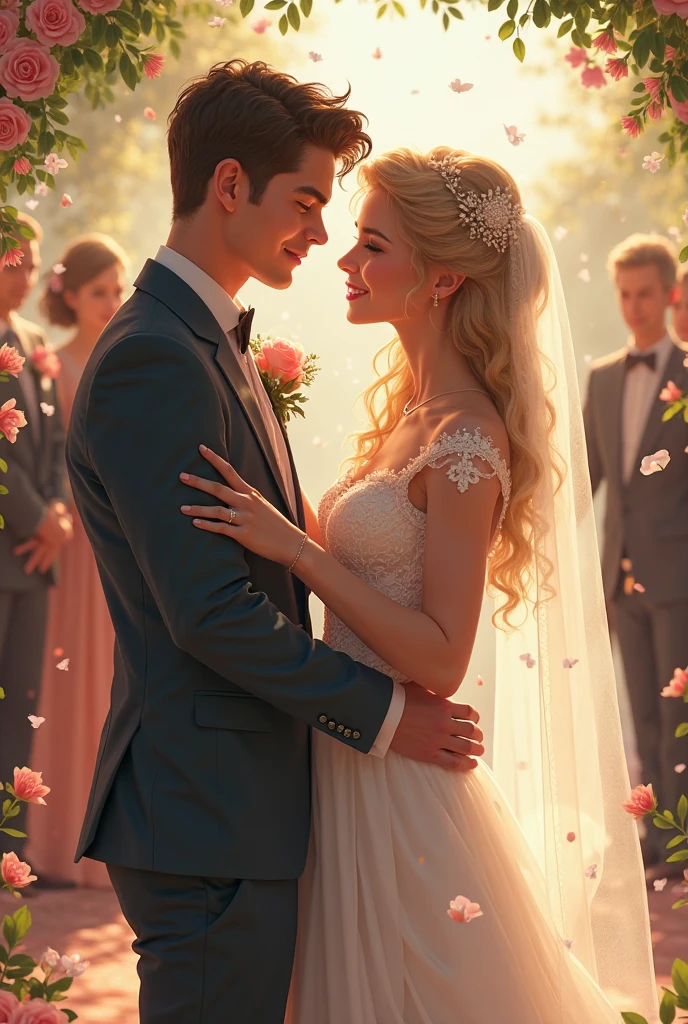 An enchanting tableau unfolds in the flower garden as a couple embraces, their faces radiant with love. Above them, a symphony of wings unfolds as butterflies flutter and dance in a mesmerizing ballet. Their vibrant hues of red, blue, and orange dance around the couple, adding a whimsical and magical touch to their romantic rendezvous. The sun sets behind them, casting a golden glow over the scene, as if blessing their union with its warm embrace. The gentle rustle of petals and the sweet fragrance of flowers fill the air, creating an idyllic moment that they will cherish forever.