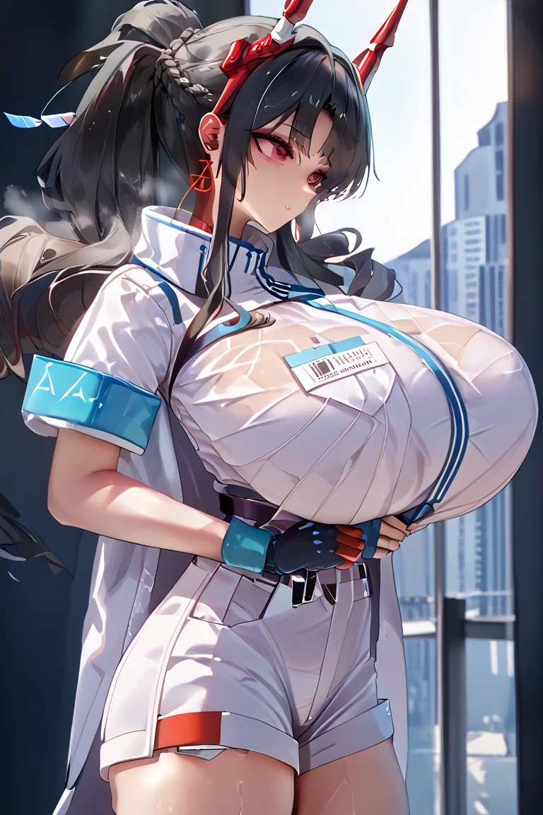 (Huge breasts:1.5), ,,Seductive smile,giantess,Urban Background,microcity,Selfieギザギザの歯,specter_arknights