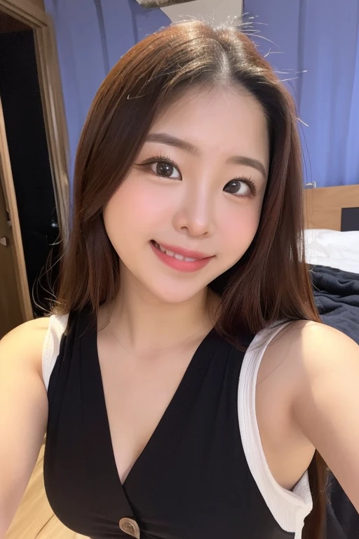 Highest quality、Japanese、18-year-old、(Hostess)、Brown Hair、cute、private、Off-shot、(Living Style:1.3)、(Selfie:1.3)、Selphy、(1 person)、(slender:1.2)、(Black camisole:1.2)、(Small Ass:1.4)、(Small waist:1.3)、(small hip:1.3)