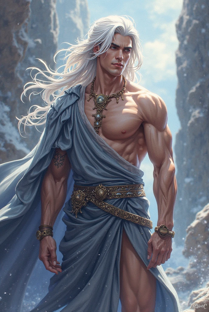 Poseidon Knife,a Greek god with hair and a long brown beard with some white strands,He has a tridnet in his hands,high evening,stark,full of thick and huge muscles,male from male,wearing ancient Greco-Roman vestments, he will be hugging the goddess Aphrodite ,A GREEK GODDESS, with blond hair,beautiful face and body and green Greco Roman costumes that leave her body semi naked, she will be in the roast chicken sexual position,the two of them are in a forest with Greco Roman architecture