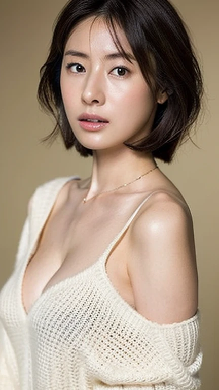 (The Highest Quality, 8k, 32k, masuterpiece, ws:1.2), Photo of PrettyJapanese woman, large breasts, very short bob hair, total body, face focus, Oversized Sweater, necklaces、, simple Backgrounds, from ABOVE, Look at the Viewer,