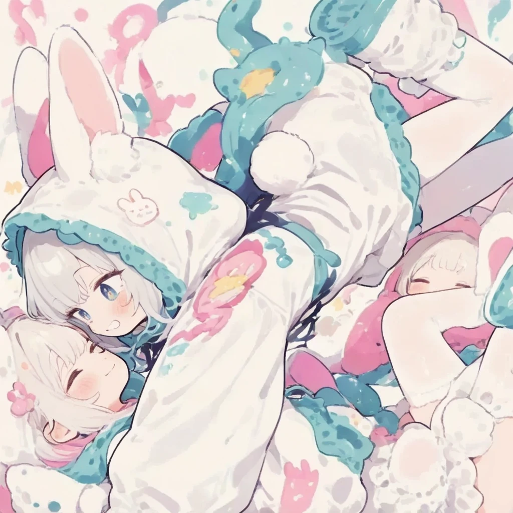 A cute little guy wearing a rabbit costume、fluffy、Loose、pastel colour、Highest quality、Masterpiece、Milky white hair color、kawaii tech,