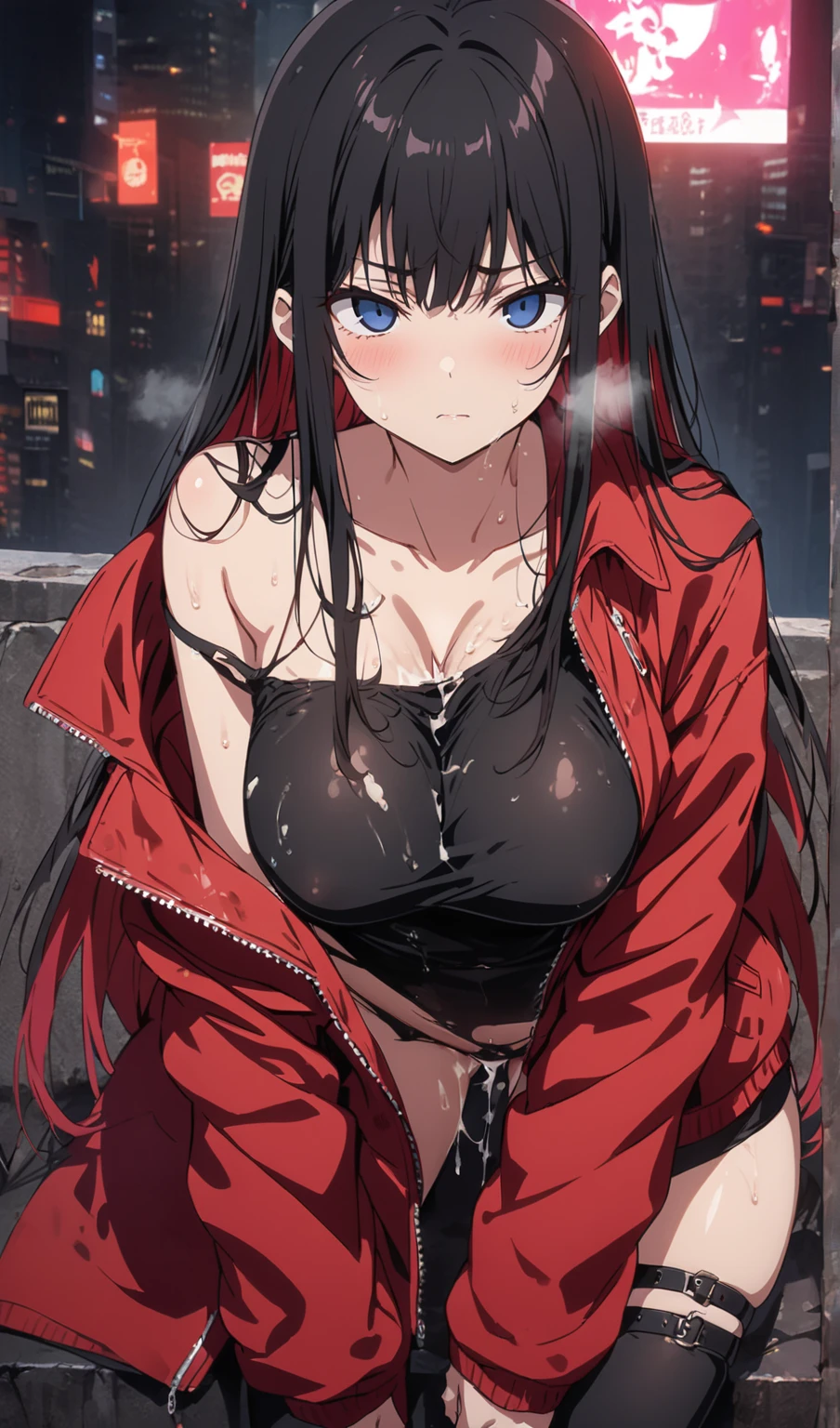 Kaori, Single model, solo, half Asian, half Latino, very long straight black hair, freckles, blushing, wet eyes, long chain pendant, very large heavy breasts, chubby, belly, stretchmarks, red hoodie, black sports bra, camouflage leggings