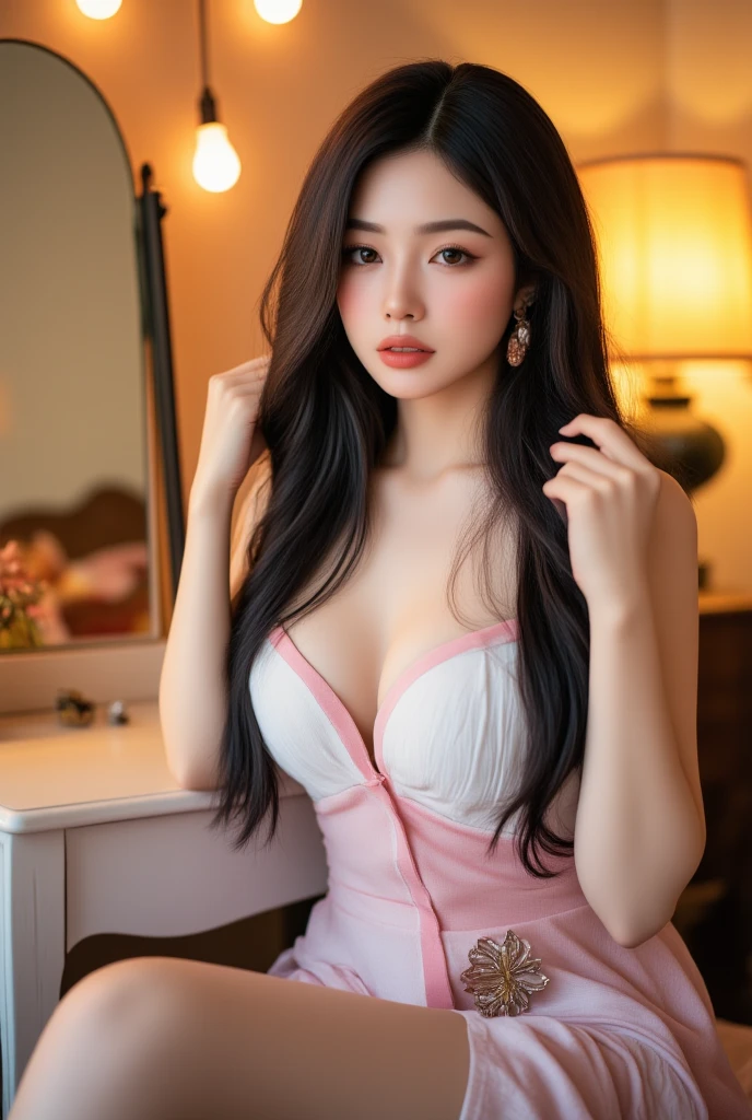 (8K, best quality, Masterpiece, very high:1.2) Photo of a beautiful Japanese girl, Beautiful and charming with contemporary fashion drawings as well., looking at the audience, ((in the classroom background)), (1 girl), (white short sleeve shirt), (((black pencil skirt))), belt, ((Put your hands down.)),black hair, medium hair, High angle view of a beautiful woman, Realistic skin texture, Look up, (Nudity), round chin, Art lens 85mm, F 1. 2, Sharp focus, High resolution 8K, Crazy details, complicated, elegant, big breasts, dynamic poses, big breasts,
