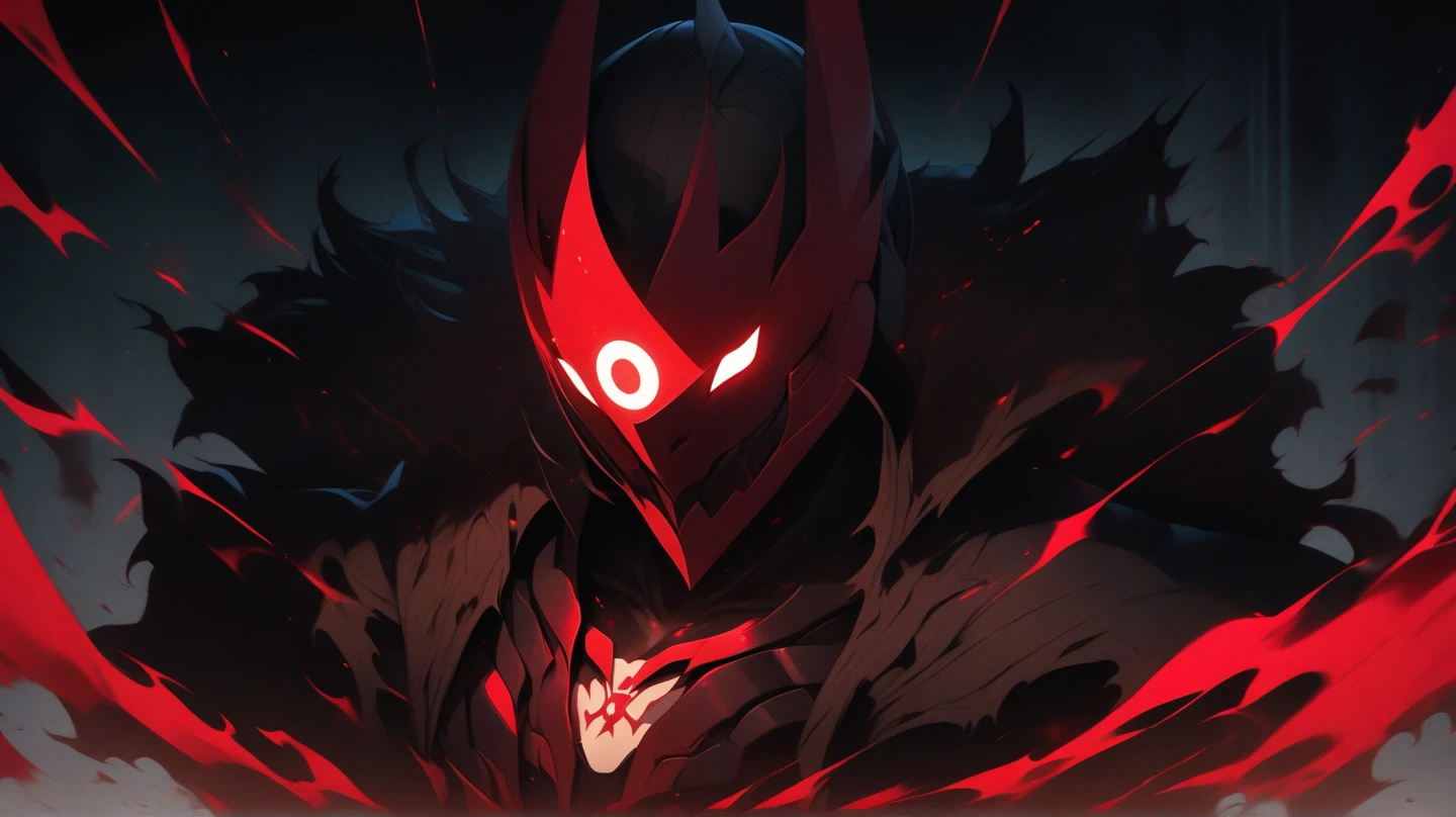 NEX Apex man, masked, red aura, murderous, mysterious and dark, with chaotic scenery 