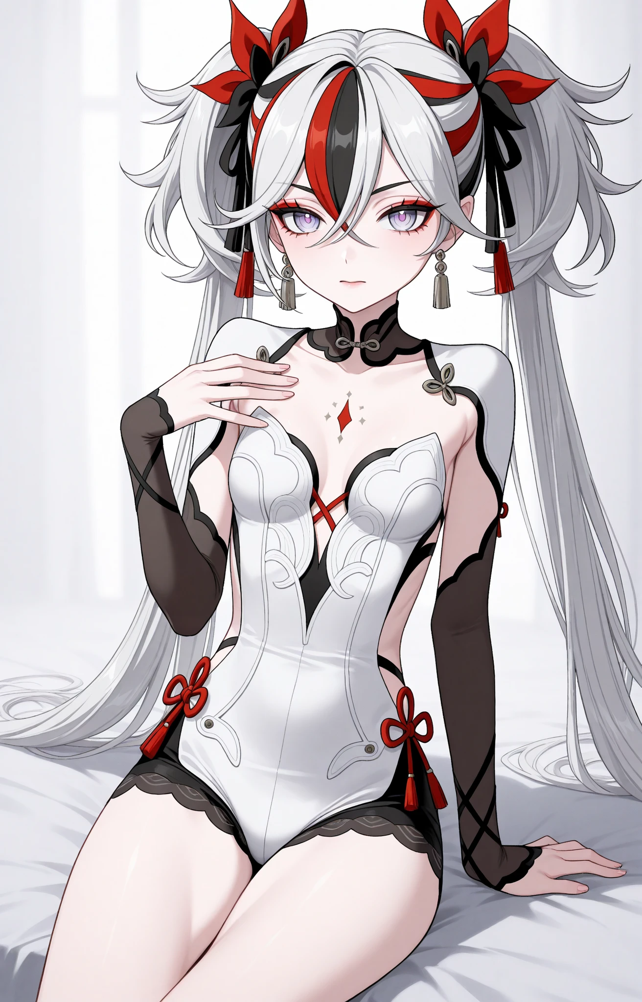 1 Girl, Black Chinese Dress, Long Black Stockings, Black Lace Sleeves, Red Lace Ribbon, Medium Breasts, Blue Eyes, Platinum White Hair, Twin Tail Hair Style, Pale White Skin, Smooth Skin, Face Freckles, Nice Cleavage, Slutty, Sexy, Sassy, Smirking, Tease, Teasing,